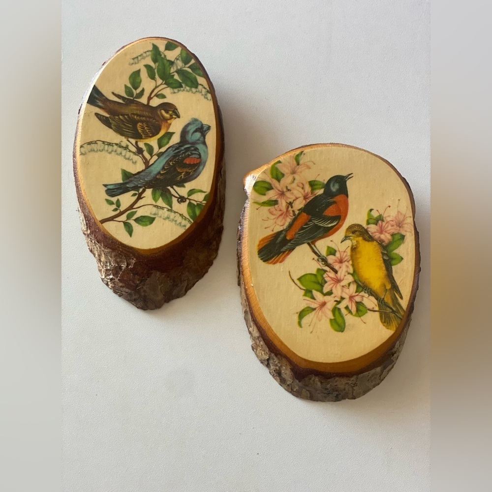 Birds Decoupage Live Edge Wood Wall Art Plaques Vintage Granny Cottage Decor Lot
